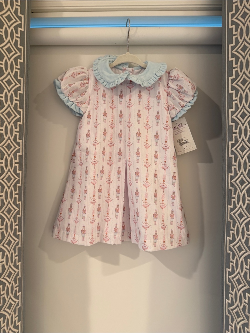 Classic Pink Nutcracker Print Dress with Blue Ruffle Collar